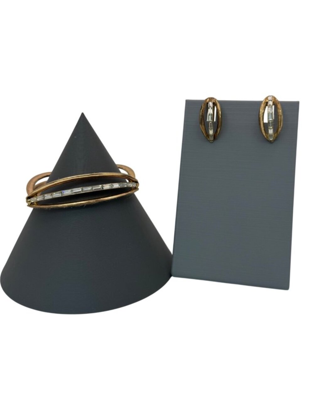 Baguette Trifari Bracelet & Clip-On Earrings Set Gold-Tone Clear Rhinestones Vtg